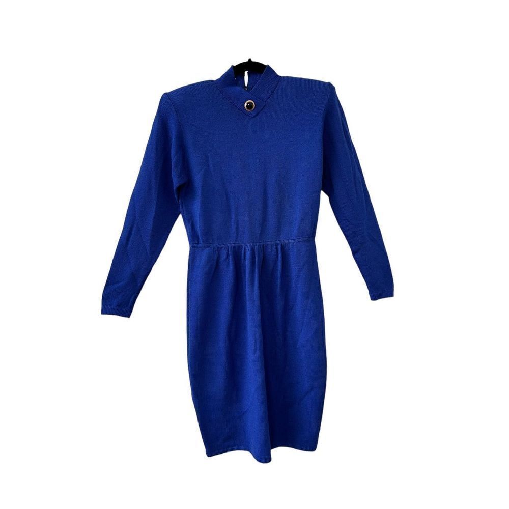 Vintage St. John by Marie Gray Santana Knit Mock Neck Long Sleeve Dress Blue Wom